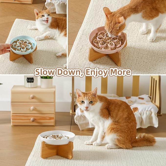 Elevated Slow Feeder Cat Bowl - Melamine Cat Dish with Anti-Slip Bamboo Stand - Whisker Friendly Feeding Bowl - Floral Maze Food Plate for Slow Eating - Blue