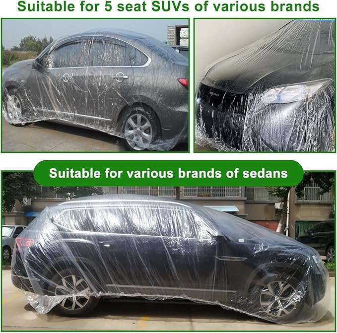 3 Packs Disposable Car Cover Clear Plastic Car Cover Universal Rain Dust Garage Cover with Elastic Band Medium (12.4 FT x 21.6 FT