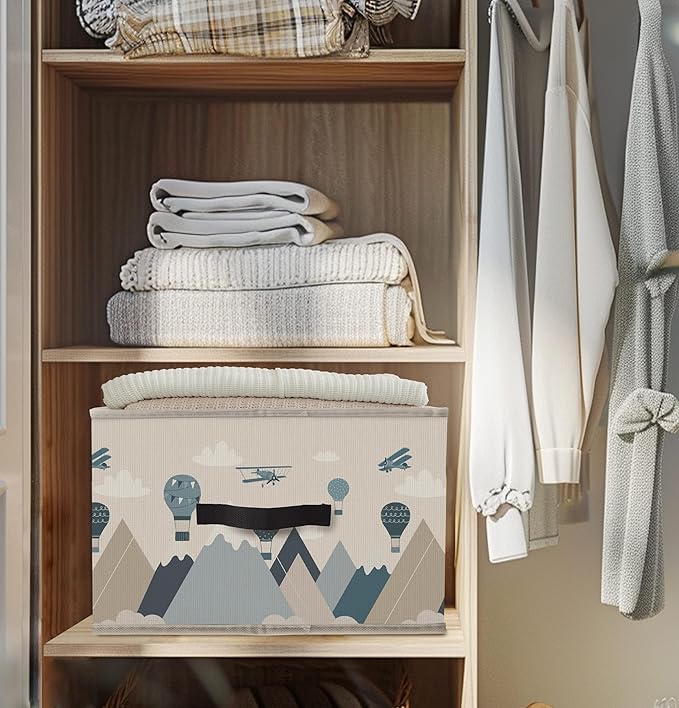 Nogrit Sky Adventure Storage Bins Box, Toybox for Boys, Blue Aircraft Hot Air Balloon Foldable Baskets Organizer Container with Handles for Kids Boys Bedroom Bathroom Clothes Toys Books