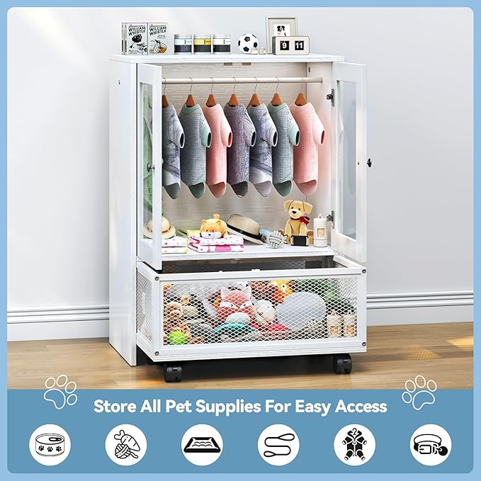 TC-HOMENY Pet Wardrobe Closet with Transparent Doors, Wooden Dog Closet with Clothes Hanger, Pet Storage Display Cabinet, Dog Toy Drawer with Wheels, Pet Organization and Storage for Pet Accessories