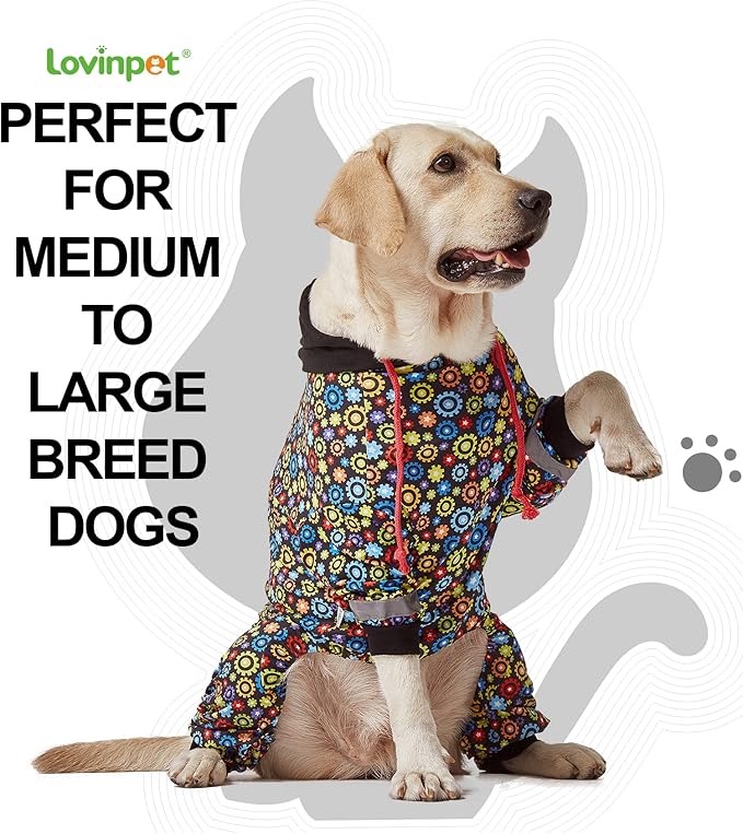 LovinPet Large Big Dog Onesies, Wound Care/Post Surgery Dog Shirt, Stop Shedding for Dogs, Pet Anxiety Relief Pajamas, PJ's for Dogs, Reflective Stripe, Gears and Black Print, Pet PJ's, 2XL