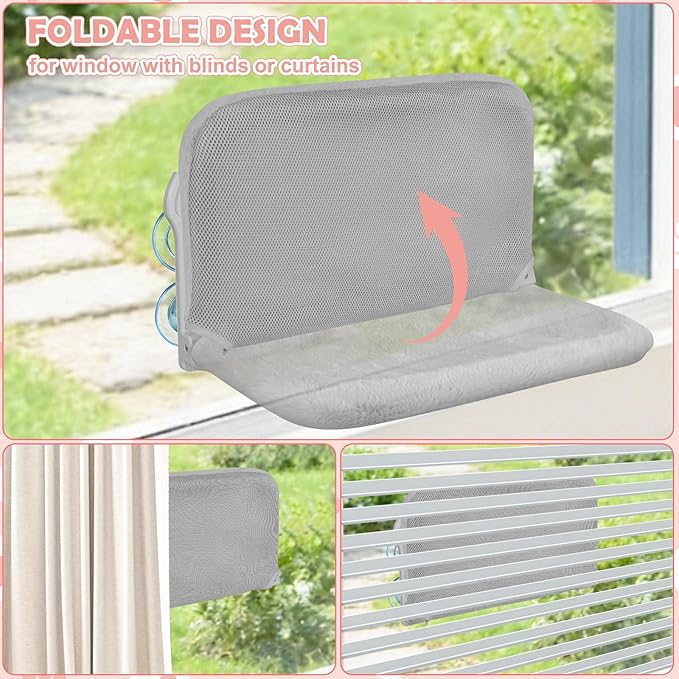 2 Pack Cat Window Perch,Cat Window Hammock Cordless Foldable Window Bed with 4 Large Strong Suction Cup,Reversible Cushion Cover,Metal Frame Easy to Adjust Window Supports 40lb(Gray,L)