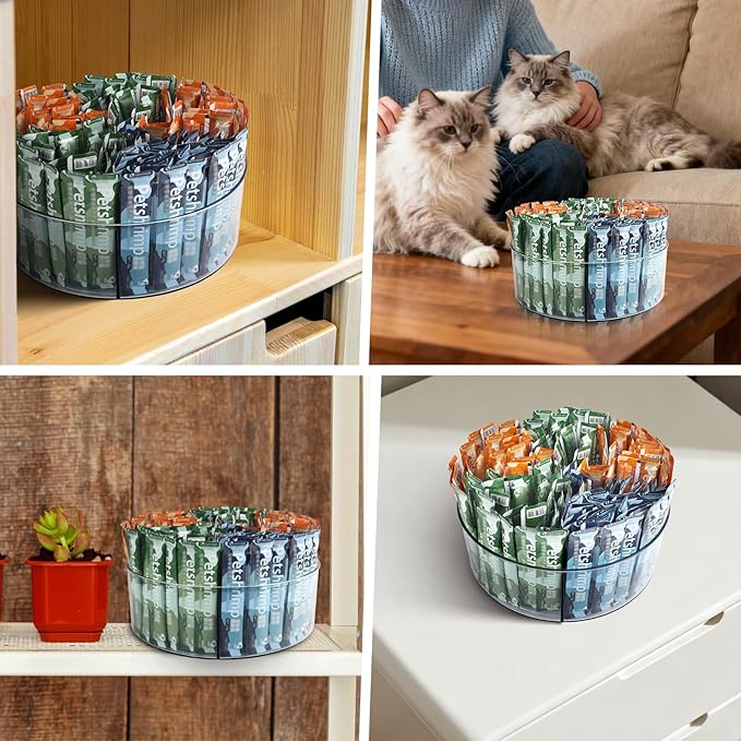 Lickable Cat Treats Organizer, Lazy susan Acrylic Squeeze Up Cat Food Storage Container, 11.42" Essential Storage for Pet Treats, Wet Cat Treats Storage for Kitchen Cabinet Pantry Shelf Countertop