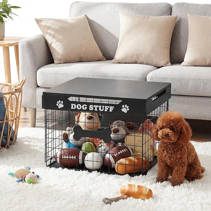 Dog Toy Bin Basket with Lid, 15.4'' Large Metal Dog Toy Storage Box with Bone Handle, Organizer Chew for Living Room, Farmhouse Food Storage Organizer for Leash Chew Blankets Clothes(Black)