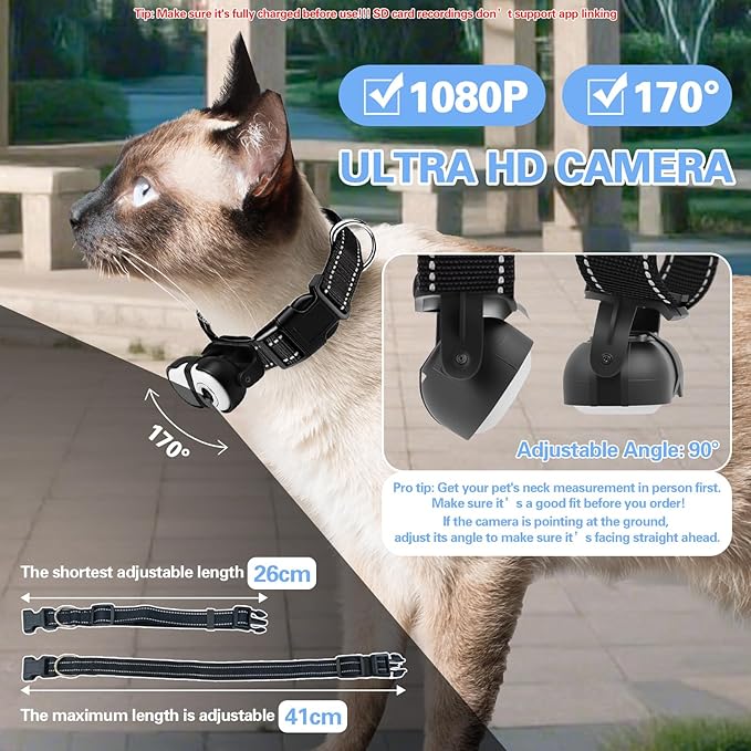 HD 1080P Cat Camera Collar with Video Record Wireless Mini Sport cam,Small Action Cameras,Body Camera for Pet Supplies/Stuff,Outdoor/Inoor Birthday Gift No WiFi