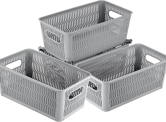 Simplify 4Pk Small Slide 2 Stack It Tote Basket | Storage & Organization | Open Bins with Stackable Capability | Bathroom | Crafts | Pantry | Playroom | Office | Grey