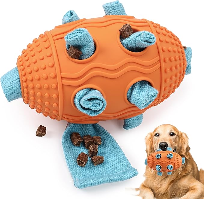 Dog Puzzle Toy,Football Dog Chew Toy for Small Medium Large Dogs, Interactive Hide and Seek Treat Dispensing Chew Toys for Aggressive Chewers, Tough Slow Feeder for Teeth Cleaning Orange