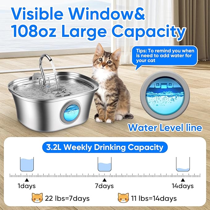 Cat Water Fountain with Water Level Window, One Set of Filter, 108oz/3.2L Pet Water Fountain for Cats/Dogs Inside, 304 Stainless Steel, Dishwasher Safe with Low Noise Pump, Filtration System