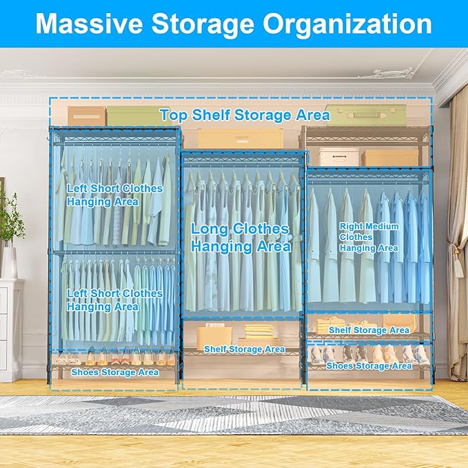 Ulif E13 Pro Heavy Duty Clothes Rack（With 4 Hanger Rods & 8 Shelves） Freestanding Clothing Racks for Hanging Clothes，Adjustable Closet，Metal Garment Rack 75" W x16 D x77 H，Max Load 1000LBS，Black