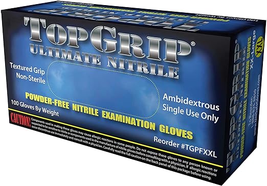 TopGrip Nitrile Exam Gloves, 6 Mil, Disposable, Powder Free, Textured, Case/1000, XX-Large XXL