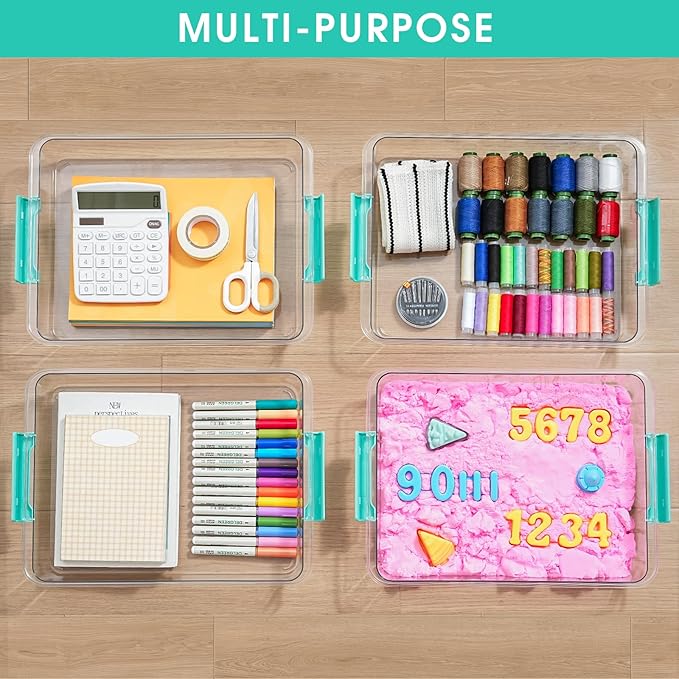 6 QT Clear Plastic Storage Bins with Lids, Stackable Sensory Bin Tools, Arts Crafts Organizers and Storage Containers with Lids for Home, Office, Classroom and Workshop Organization, 4 Pack