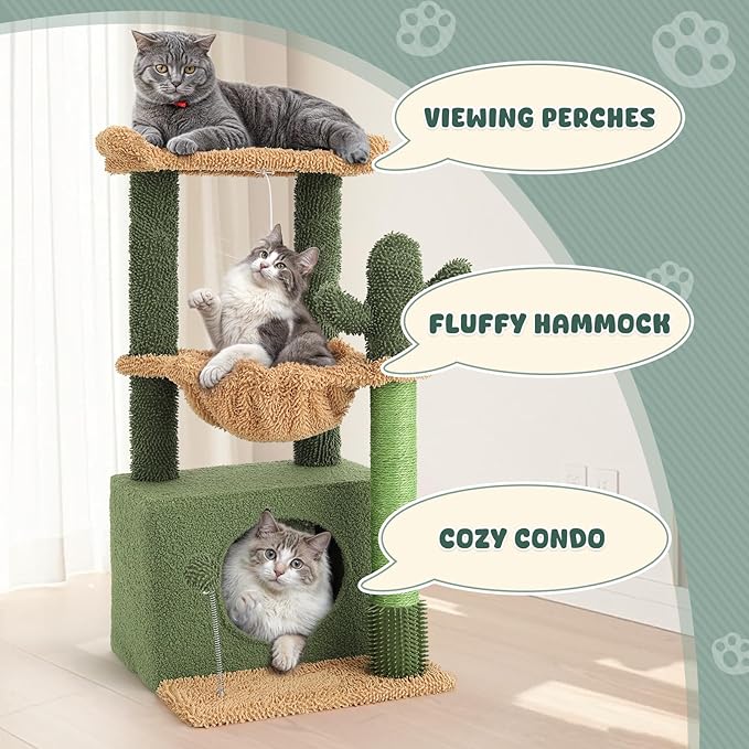 Magshion 34" Cactus Cat Tree for Indoor Cats, Multi-Level Cat Tower with Scratching Post, Condo, Top Perch, Basket, and Hanging Toys for Kittens & Small Cats, Green