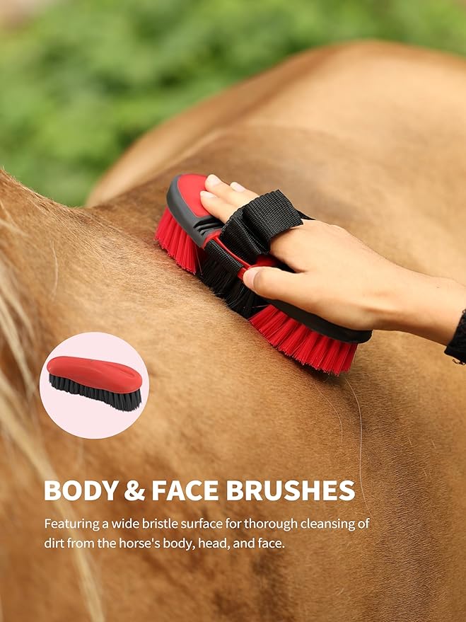 Harrison Howard Horse Grooming Kit, 9-Piece Set with Non-Slip Silicone Grip for Bathing, Shedding & Hoof Care Red