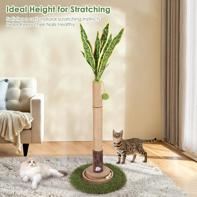 Cat Scratching Post, 35 Inch Tall Cat Scratcher Cat Tree Tower with Hanging Ball for Indoor Cats Adults,Sisal Rope Kitten Scratch with Interactive Mouse Cat Toy (41in, Snake Plant Leaves)