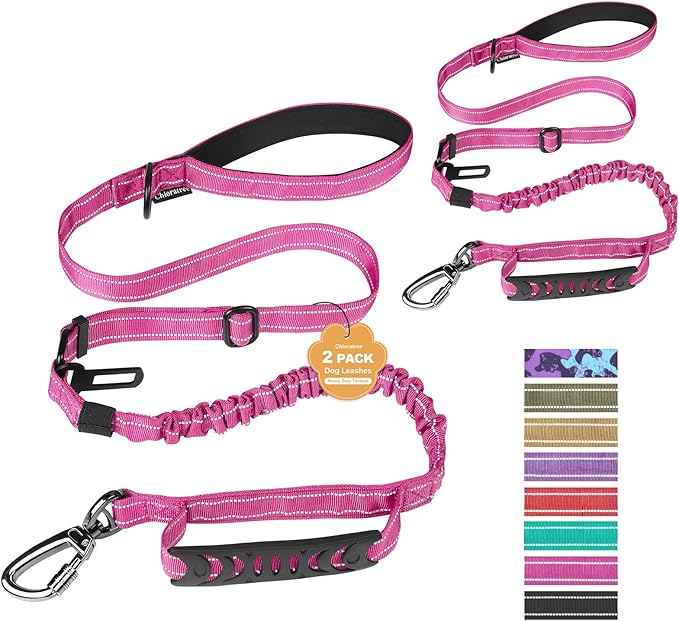 2 Pack Heavy Duty Dog Leash for Medium Large Dogs That Pull,4-6FT Shock Absorbing Bungee Tactical Dog Leash with Control Padded Handle and Car Seatbelt,Reflective Walking Training Lead,Pink