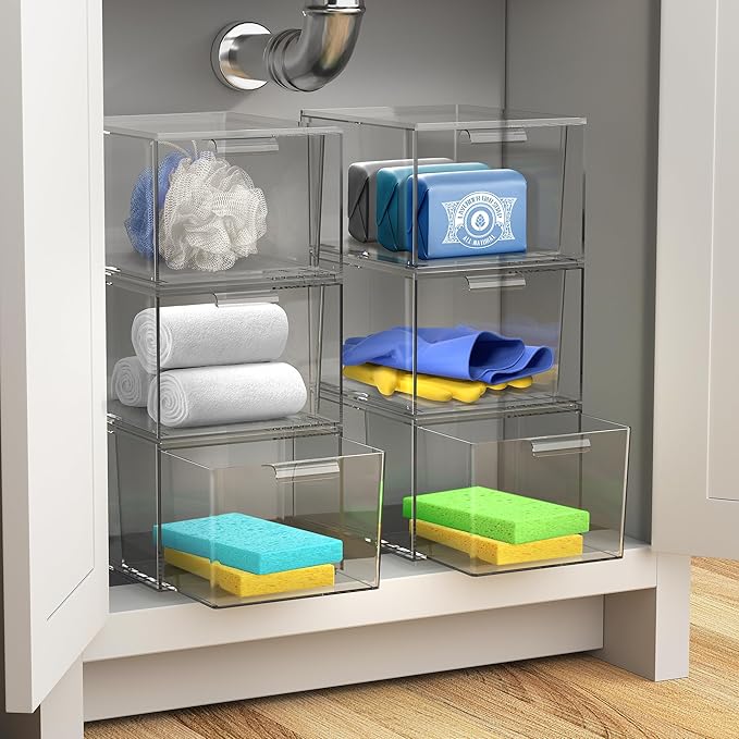 Sorbus Stackable Acrylic Drawers - Clear Make Up Organizers for Vanity - 4 Plastic Storage Bins for Room Decor, Bathroom Organization and Storage, Office Supplies, Makeup Drawer Organizer, Undersink