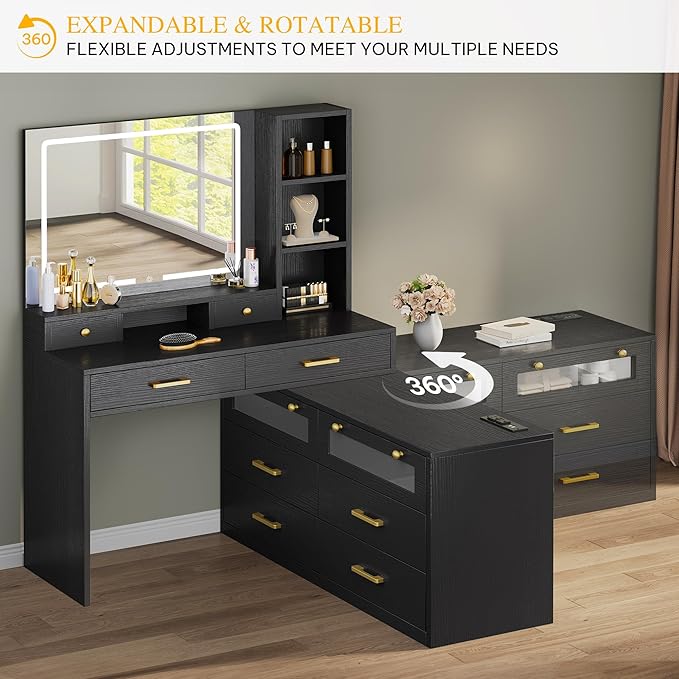 DWVO Large Vanity Desk with Mirror - RGB LED and Charging Station, Make up Vanity Mirror with 3 Lights Mode and Brightness Adjusted, Large Storage Space-10 Drawers, 3 Open Shelves, Black