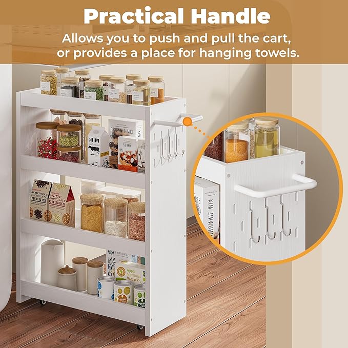 LIKIMIO 4 Tier Slim Storage Cart with Hooks, Wheels, Handle, Slide-Out Rolling Utility Cart for Small Spaces Kitchen, Narrow Mobile Shelving Unit Organizer Trolley, 23.6" L x 9.4" W