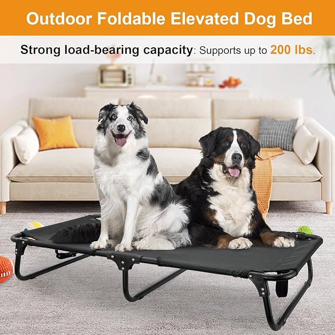Foldable Elevated Dog Bed for Large Pet, No-Assembly-Need Folding Raised Dog Bed, Waterproof Outdoor Dogs Cot Cooling Pet Hammock Beds with Breathable Mesh, Chew-Proof, Black