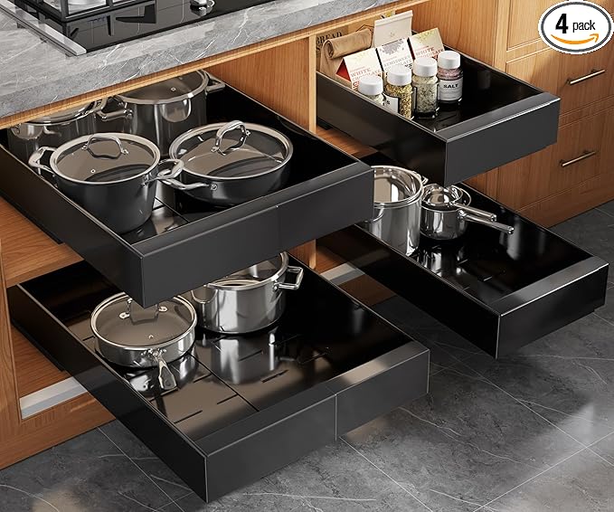 4 Pack Expandable (9"-14") Pull Out Cabinet Organizer 21" Deep With Raising Pad for Framed Cabinets,Upgrade 3 Slide Rails Slide Out Drawers,No Drill Roll Out Shelves Adhesive,Black