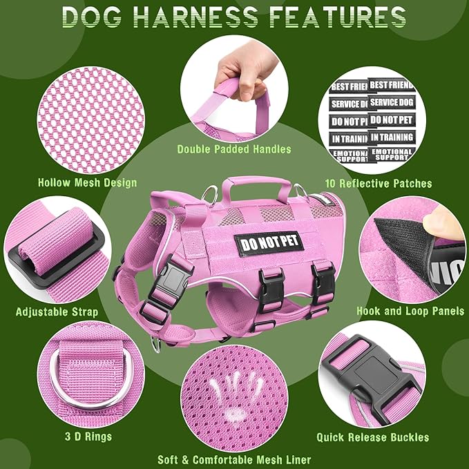 WINSEE Mesh Dog Harness with 10 Pet Patches for Medium Service Dog in Training, Breathable Tactical Molle Vest with Double Handle, Reflective Military Pet Vest for Walking Hiking
