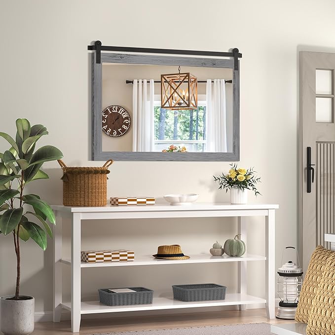 COGOOD Farmhouse Bathroom Mirror - 49 x 30 Large Rectangle Barn Door Mirror for Vanity, Bedroom, Living Room Wall Decor (Grey)