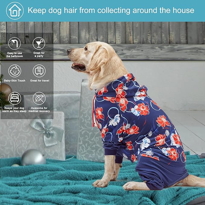LovinPet Big Dogs Breeds Jammies, Wound Care/Post Surgery Clothes, Pet Anxiety Onesies for Dogs, Lightweight Stretchy,Large Breed Dog Pajamas,Reflective Stripe,Floral Navy & Red Print,Pet PJ's/Medium