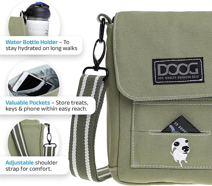 DOOG Walkie Bag - Adjustable Dog Treat Pouch Shoulder Bag with Poo Bag & Water Bottle Compartments - Comfort Fit for Everyday Use - Green