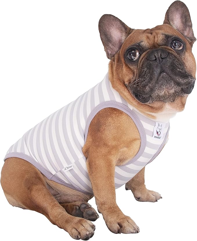 iChoue English Bulldog 100% Breathable Cotton Striped T Shirts Halloween Vest Clothes for Medium Dogs Tank Tops French Frenchie Pug Boston Terrier Pitbull Grey White Stripes - XLarge