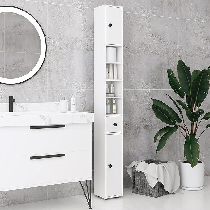 kleankin 71" Tall Bathroom Storage Cabinet, Narrow Freestanding Toilet Paper Cabinet with Open Shelves, 2 Door Cabinets, Adjustable Shelves for Kitchen, Hallway, Living Room, White