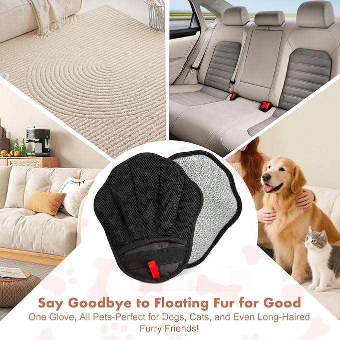 Pet Hair Removal Glove, Electrostatic Pet Hair Remover Glove for Cats & Dogs, Hair Remover Tools for Couch, Carpet, Clothing, Car Seat - Upgraded Five-Finger, Reusable, Black+Black
