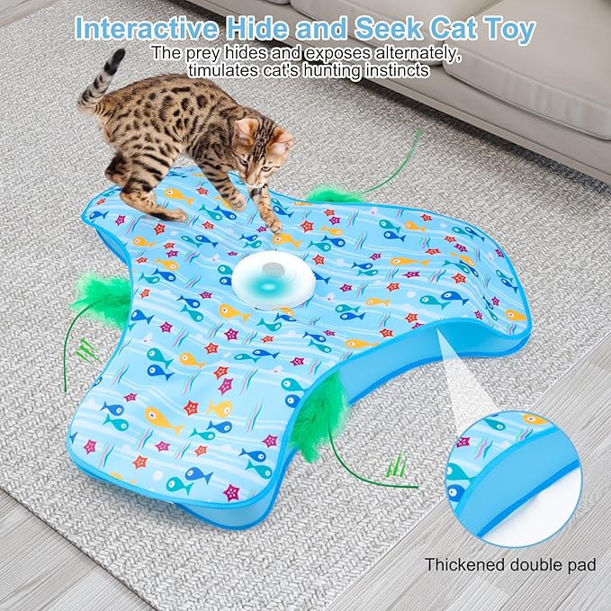 Interactive Cat Toy for Indoor Cats, Automatic Hide and Seek Motion-Activated Cat Toy with Moving Feather & Animal Chirps, USB Rechargeable Electric Cat Enrichment Toy for Bored Adult Cats & Kittens