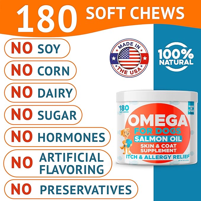 Omega 3 Fish Oil for Dogs (180 Ct) - Skin & Coat Chews - Dry & Itchy Skin Relief + Allergy Support - Shiny Coats - EPA&DHA Fatty Acids - Natural Salmon Oil Chews Promotes Heart, Hip & Joint Support