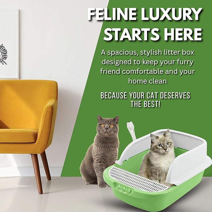 Large Open-Top Cat Litter Box with High Sides, Enclosed Scatter Shield Design, Easy Clean Plastic Litter Pan, Includes Scoop (Green)