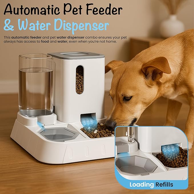 Automatic Pet Feeder & Water Dispenser – 2-in-1 Large Gravity Dog & Cat Food Feeder Water Bowl – Easy to Clean, No Power Needed – Durable, Non-Slip, Indoor/Outdoor Pet Station (Grey)