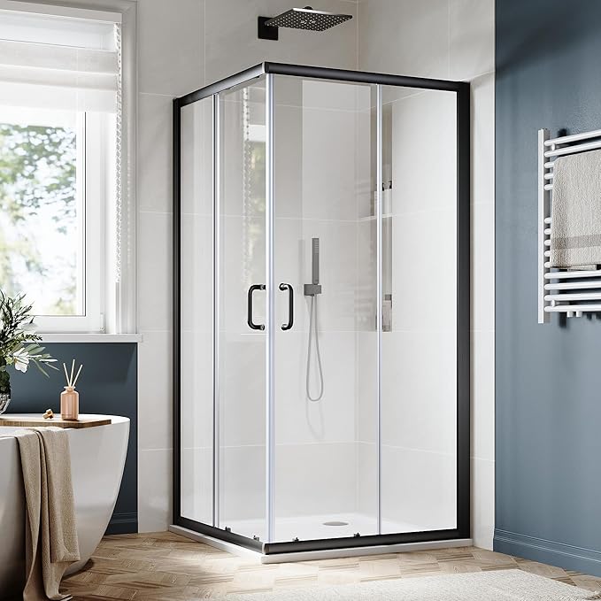 SUNNY SHOWER Corner Shower Door 34 in.D x 34 in. W x 72 in. H Opening Sliding Shower Enclosure 1/4 inch inch Tempered Glass Framed Sliding Shower Stalls in Black Double Sliding Shower Door
