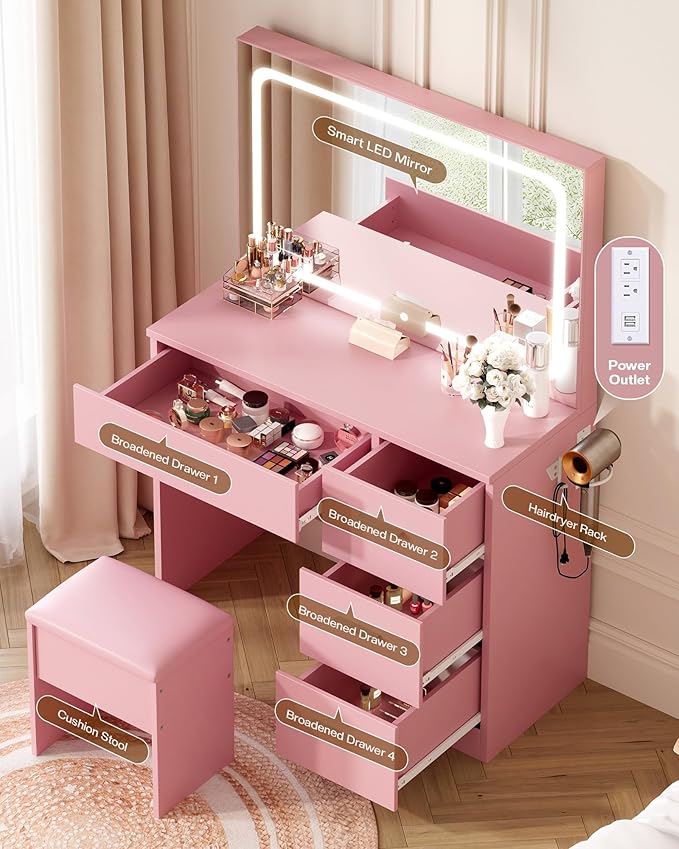 Makeup Vanity Desk Set, Pink, 35.4“W x 15.7" D x 53.9" H (Large Smart LED Mirror, with Cushion Stool, Hairdryer Rack, Power-Outlet, 4 Drawers)