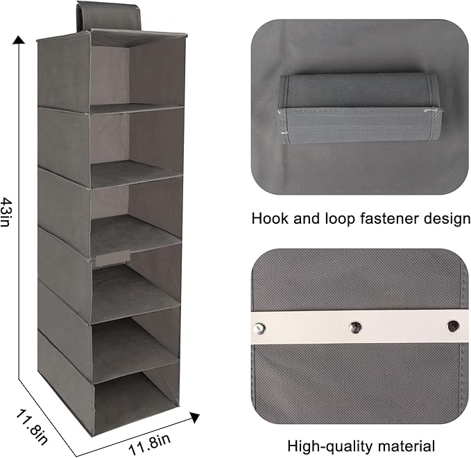 Hanging Shelves Hanging Closet Organizers and Storage 43-inch Non-Woven Fabric Hanging Closet Shelves for Wardrobe and Shoe Cabinet for Storing Clothes and Shoes.(2pcs 6-Tier Light Grey)