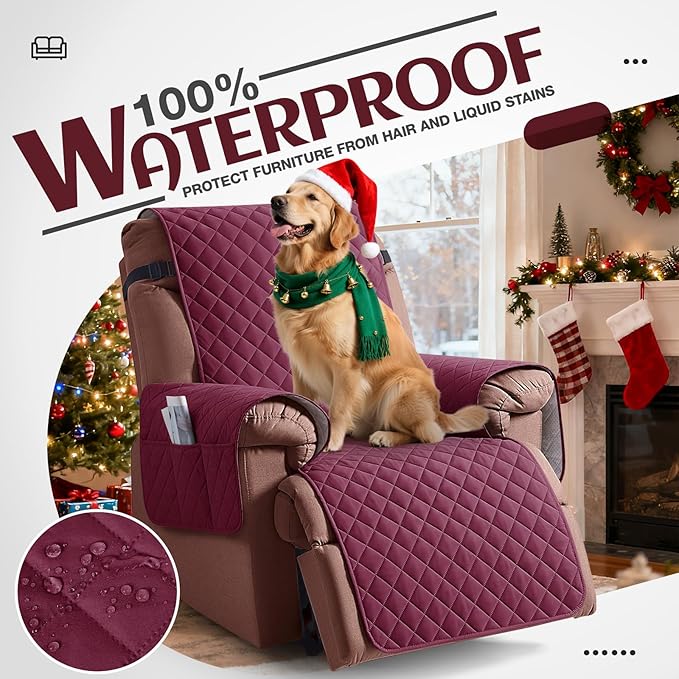 KinCam 100% Waterproof Recliner Chair Cover, Reclining Couch Covers for Pets, Dogs, Recliner Couch Slipcover Furniture Protector with Elastic Straps for Kids(25", Burgundy)