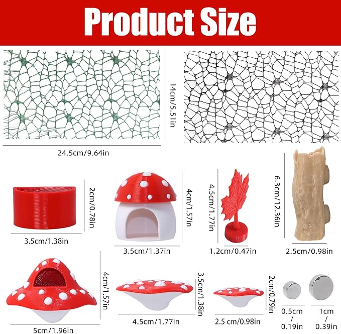 9 Pcs 3D Jumping Spider Enclosure Accessories Set, Red Magnetic Jumping Spider Mushroom Platforms, Climbing Net Trunk Hideouts for Small Pets Terrarium Decor