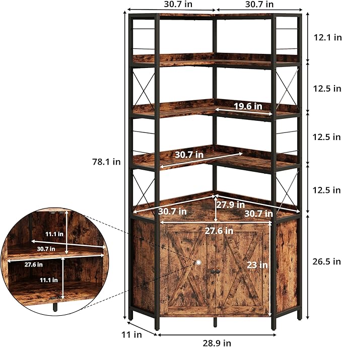 IRONCK Bookshelves 6 Tiers, Corner Bookshelf with Baffles, Bookshelves and Bookcases with Doors, Industrial Display Bookshelf for Living Room, Kitchen