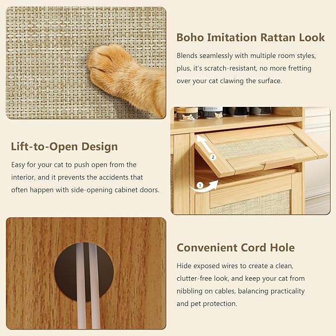 Cat Litter Box Furniture 42'' Hidden Enclosure with Litter Drawer, Litterbox Cabinet with Storage, Boho Rattan Style Indoor Cat House Washroom, Fits Most of Litter Boxes