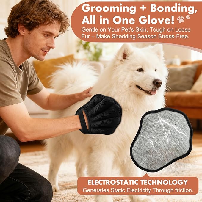 Pet Hair Removal Glove, Electrostatic Pet Hair Remover Glove for Cats & Dogs, Hair Remover Tools for Couch, Carpet, Clothing, Car Seat - Upgraded Five-Finger, Reusable, Black+Black