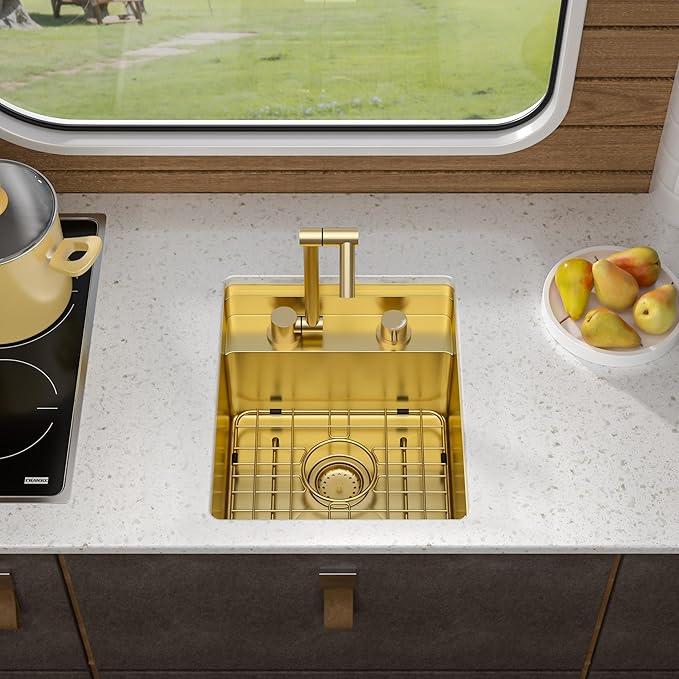 15"x17" Small RV Kitchen Sink – 16 Gauge 304 Stainless Steel Brushed Gold NANO-PVD Undermount Single Bowl Sink with Foldable Faucet, for RV, Camper, Mobile Home, Wet Bar