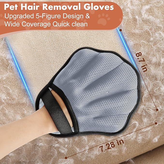 Pet Hair Removal Glove, Electrostatic Pet Hair Remover Glove for Cats & Dogs, Hair Remover Tools for Couch, Carpet, Clothing, Car Seat - Upgraded Five-Finger, Reusable, Grey+Grey