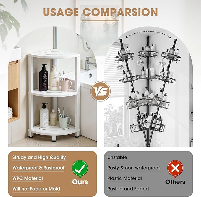 HDPS 3 Tier Floor Standing Corner Shower Caddy Organizer Shelf, Waterproof & Durable Bathroom Shelves Stand Rack with Anti-Slip Feet, Space-Saving Design Storage