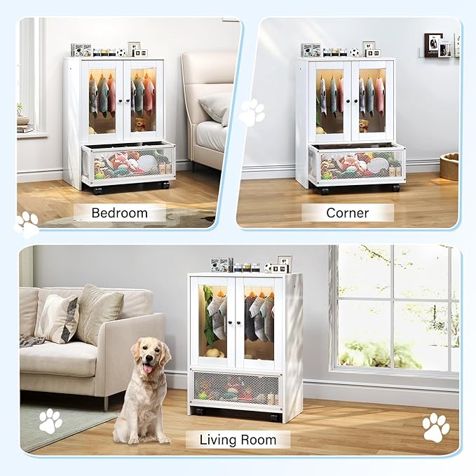 TC-HOMENY Pet Wardrobe Closet with Transparent Doors, Wooden Dog Closet with Clothes Hanger, Pet Storage Display Cabinet, Dog Toy Drawer with Wheels, Pet Organization and Storage for Pet Accessories