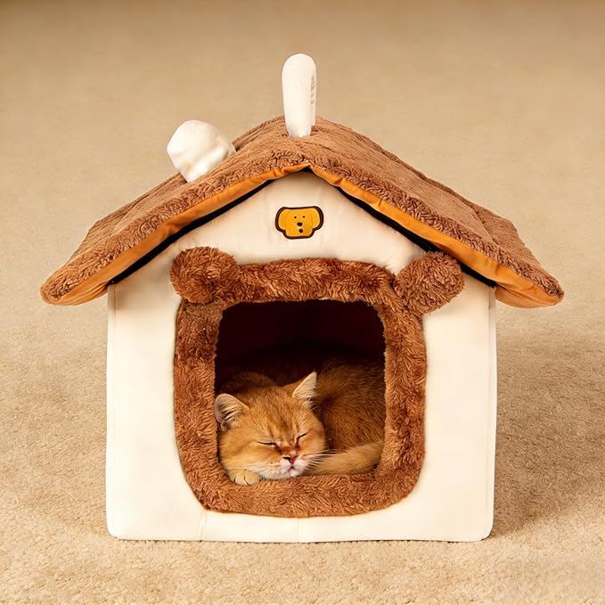 Lovely Cat Bed for Indoor Cats, Cartoon Pattern Cat Cave Bed with Handle Design, Soft Cat Hideaway Indoor Cat House for Kitten, Puppy & Small Pets (M)