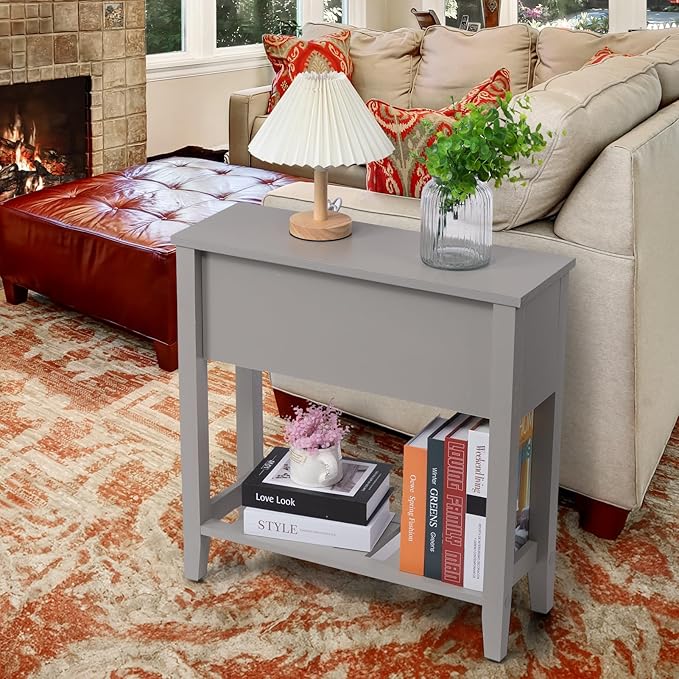 Grey Chairside Narrow End Table, Solid Recliner Side Table with Drawer, Slim Nightstand Bedside Table for Living Room Bedroom