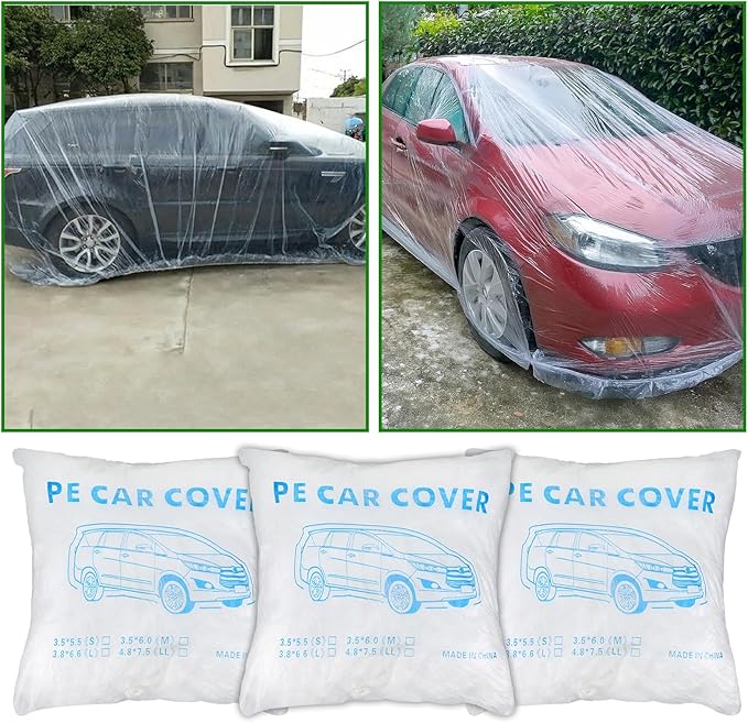 3 Packs Disposable Car Cover Clear Plastic Car Cover Universal Rain Dust Garage Cover with Elastic Band Medium (12.4 FT x 21.6 FT
